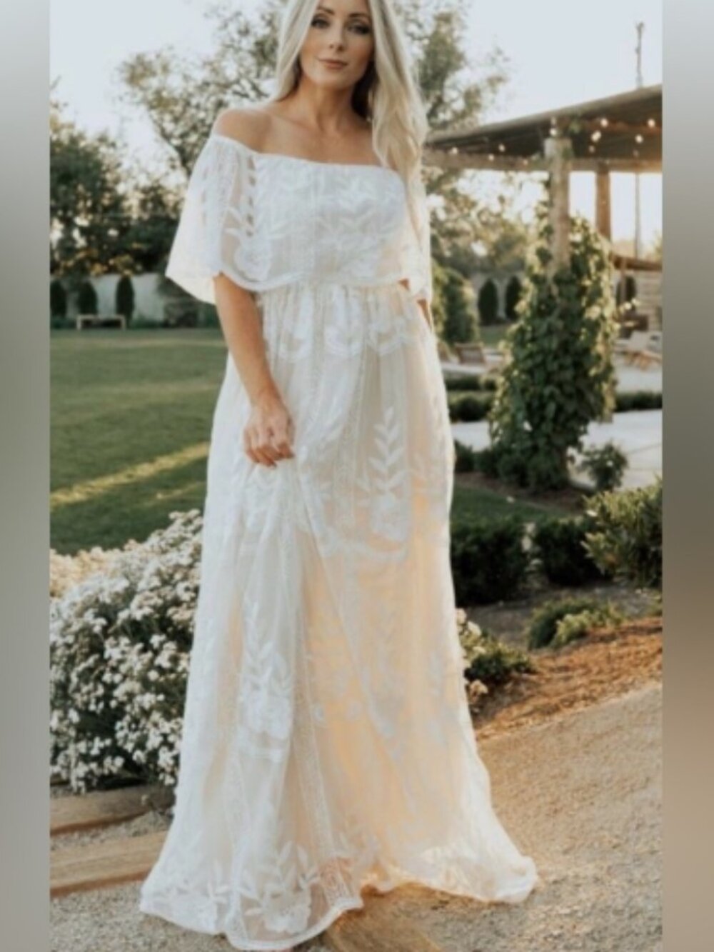 Baltic Born Leon Off Shoulder Maxi Dress in Nude with White Lace Overlay Sz XXXL